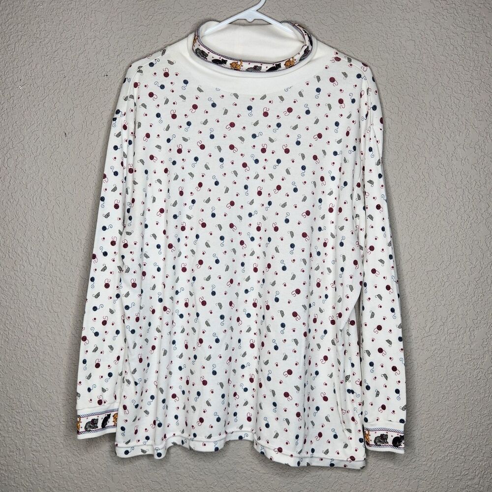 VTG 90’s White Turtleneck Cottagecore Granny Cat Kitty & Mouse, Women's 22W 3X
